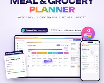 Meal Planner and Grocery List Web App, All-in-One, Weekly Menu, Recipe Book, Pantry, Food Budget, Excel Export & Print, Offline, No Account