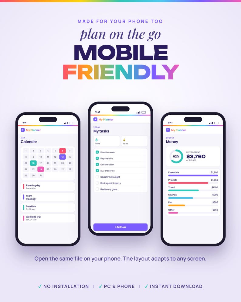 K&ouml;nnte beinhalten: Drei Smartphones zeigen eine digitale Planer-Oberfl&auml;che mit Kalender, Aufgabenliste und Budget-Tracking. Der Text lautet: MADE FOR YOUR PHONE TOO, plan on the go, MOBILE FRIENDLY, My Planner und Open the same file on your phone.