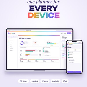 K&ouml;nnte beinhalten: Eine digitale Planer-Oberfl&auml;che auf einem Laptop-Bildschirm und einem Smartphone. Der Bildschirm zeigt ein Dashboard mit Diagrammen, Aufgabenlisten und Budgetverfolgung. Text: WORKS ON PC & SMARTPHONE, one planner for EVERY DEVICE, Windows, macOS, iPhone, Android, iPad.