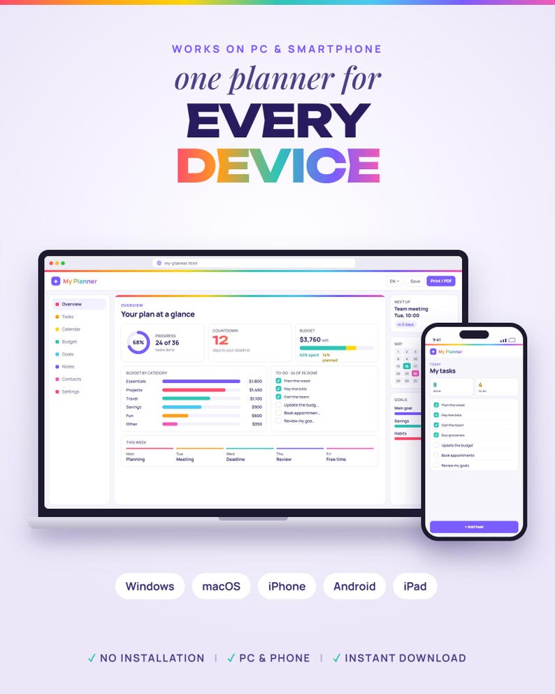K&ouml;nnte beinhalten: Eine digitale Planer-Oberfl&auml;che auf einem Laptop-Bildschirm und einem Smartphone. Der Bildschirm zeigt ein Dashboard mit Diagrammen, Aufgabenlisten und Budgetverfolgung. Text: WORKS ON PC & SMARTPHONE, one planner for EVERY DEVICE, Windows, macOS, iPhone, Android, iPad.