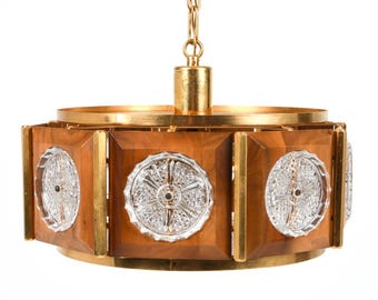 Carl Fagerlund for Orrefors Swedish Teak Brass and Crystal Pendant Light Mid Century Modern Scandinavian Chandelier 1960s Vintage Lighting