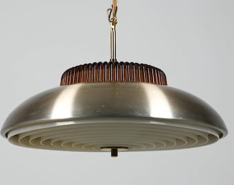 Deense moderne schotelhanglamp, kroonluchter van amberglas en geborsteld aluminium, jaren 1970