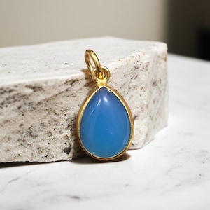 Blue Chalcedony Pear Pendant – 18k Gold Plated Sterling Silver Bezel Set Dangle
