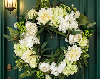 White Hydrangea & Rose Front Door Wreath, Spring Summer Floral Wreath, Farmhouse Greenery Decor, Elegant All Season Door Wreath