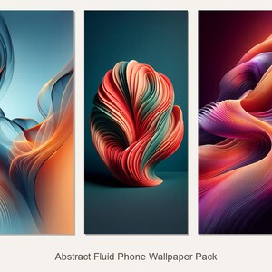 May include: Three abstract phone wallpapers. The first has flowing orange and blue shapes against a gradient background. The second displays a layered, colourful form. The third showcases swirling orange, purple, and pink designs. Text: Abstract Fluid Phone Wallpaper Pack.