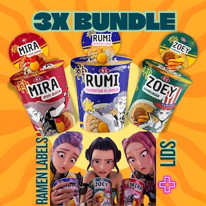 Könnte beinhalten: Ein 3er-Pack Ramen-Becher mit Deckeln und Etiketten. Die Becher sind rot, blau und grün, jeder mit einem anderen Geschmack: Mira Spice Queen, Rumi Superstar Flavor und Zoey Hamburger. Die Etiketten und Deckel zeigen Illustrationen von Anime-Charakteren.