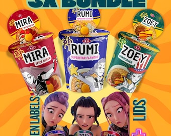 Cacciatori di demoni Kpop, etichette per noodle in tazza Ramyeon, festa cosplay Huntrix Ramen, Rumi Mira Zoey, festa Kpop, pacchetto stampabile, festa di Halloween