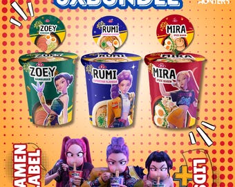 Kpop Demon Hunters, Cup Noodle Labels Ramyeon, Cosplay Party Huntrix Ramen, Rumi Mira Zoey, Kpop party, Printable pack, Halloween party