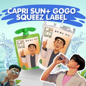 May include: Image of Capri Sun and GoGo Squeez labels. The labels feature a cartoon doctor giving a thumbs up. The text on the label reads "HAN 의원" and "몸에 좋은 한약". The background has water splashes and a blue banner.
