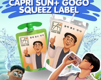 Kpop Demon Hunters, Dr. Han's Tonic Drink Wrapper, GoGo SqueeZ + Caprisun juice Label, Rumi's Medicine, Cosplay huntrix Kpop party Printable