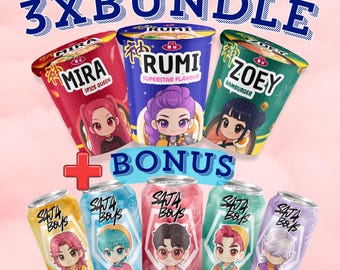 Etichette per tazze di ramen Kpop Huntrix + Etichette per lattine di bibite Saja Boys / Involucri animati per tazze di noodles Kpop Demon Hunters e lattine da 355 ml / Decorazioni per feste Kpop