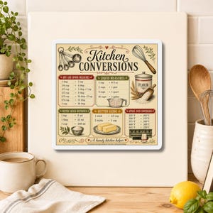 May include: A square kitchen conversion chart sign featuring the text Kitchen Conversions and A handy kitchen helper. The chart displays dry, liquid, and metric measurements, a butter guide, and oven temperatures with illustrations of measuring spoons, a whisk, a flour canister, and butter sticks.