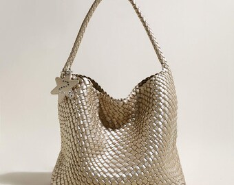 Lumière Woven Metallic Leather Hobo Tote – Handcrafted Champagne Shoulder Bag with Star Charm