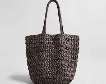 Handwoven Raffia Basket Tote – Open Weave Summer Shoulder Bag with Drawstring Pouch