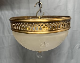 Rare Vintage Art Deco Lamp, Brass & Crystal Ceiling Light Fixture, Antique Lighting Decor
