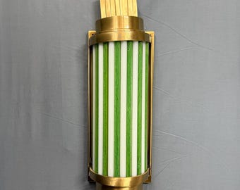 Art Deco Bathroom Wall Sconce, White and Green Glass Light, Brass Vanity Fixture, Elegant Lighting