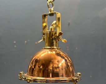 Handmade Brass & Copper Pendant Lamp, Vintage Ship Light, Coastal Industrial Home Decor
