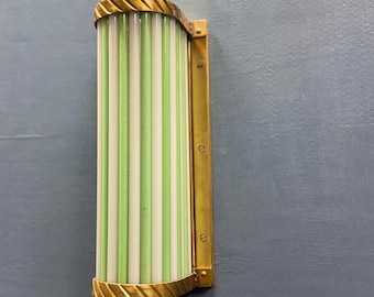 Vintage Brass Wall Sconce Art Deco Light, Green Glass Tube Lamp, Mid Century Modern Fixture