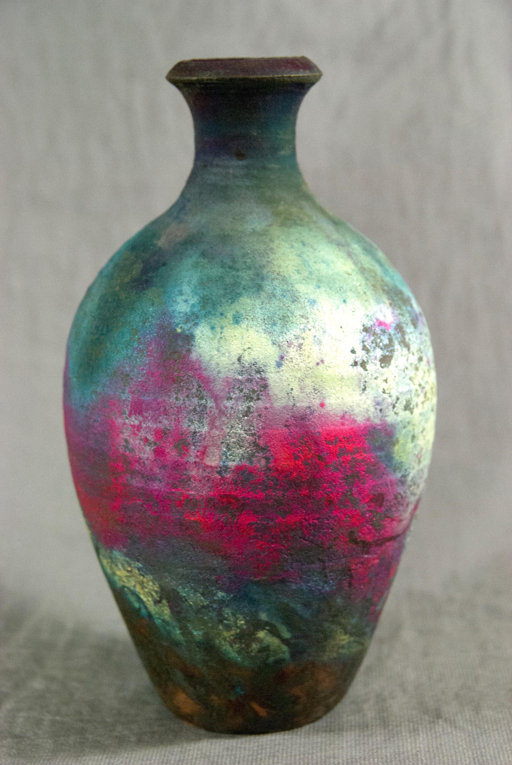 銅マット楽焼ボトル、カラフルなメタリック陶器の花瓶 6.5 インチ