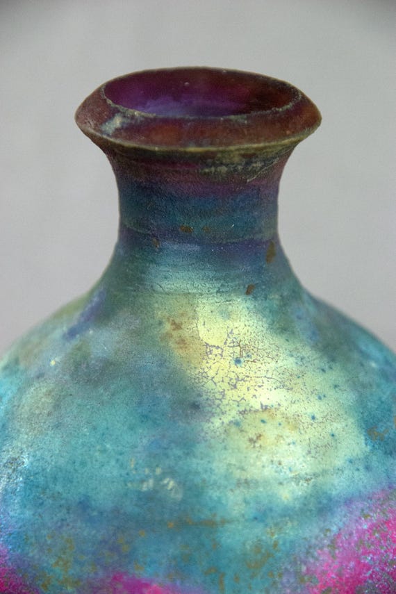銅マット楽焼ボトル、カラフルなメタリック陶器の花瓶 6.5 インチ