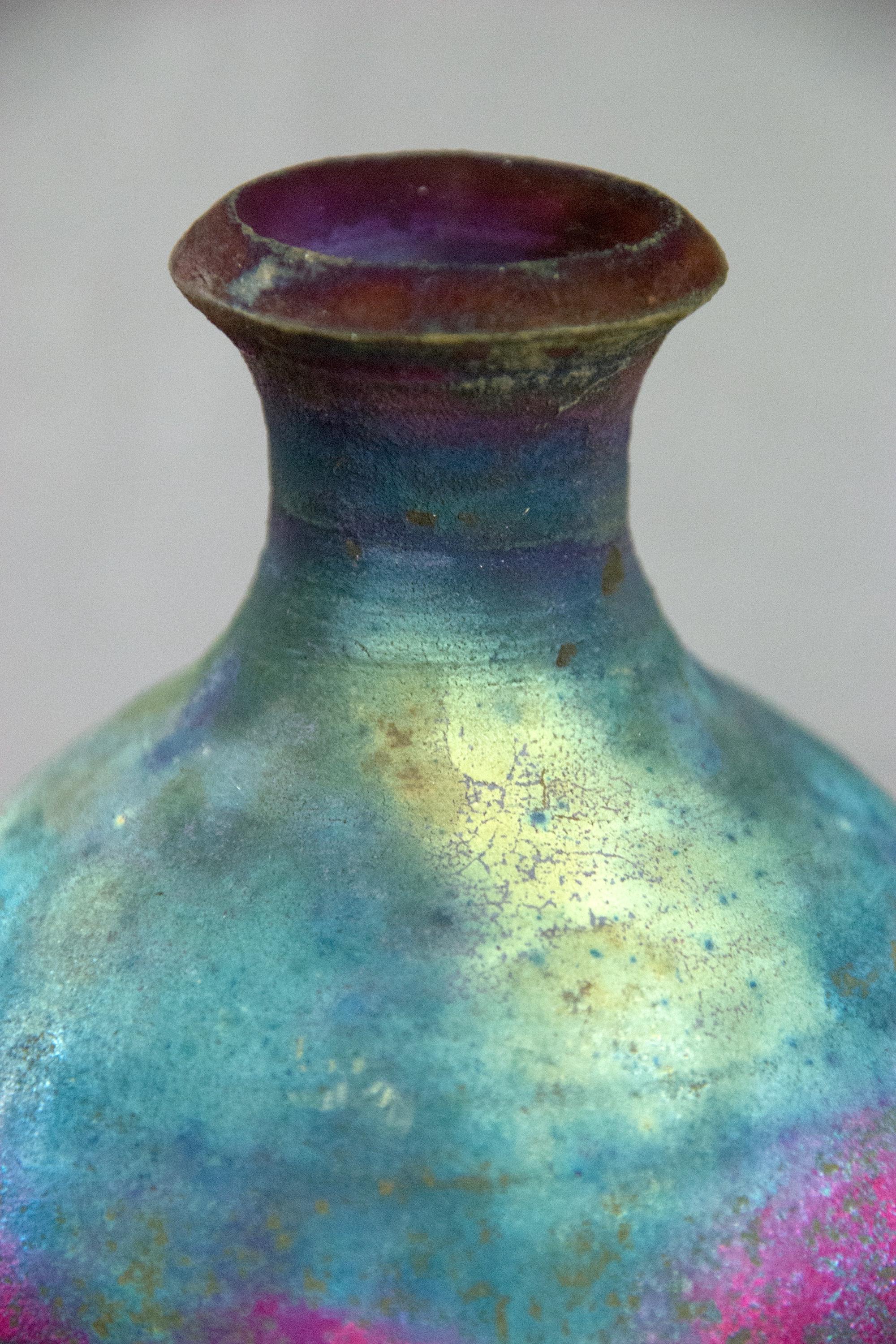 銅マット楽焼ボトル、カラフルなメタリック陶器の花瓶 6.5 インチ