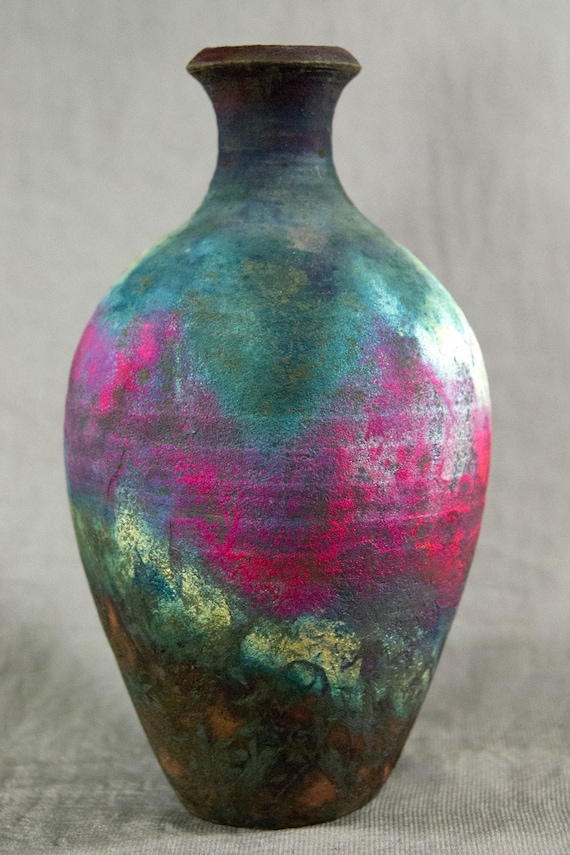 色鮮やかな装飾の陶器花瓶 銅マット楽焼ボトル、カラフルなメタリック陶器の花瓶 6.5 インチ