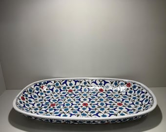 Handmade Iznik Serving Tray – 35cm Quartz Ceramic, Rumi Daisy Pattern (Oven Safe)