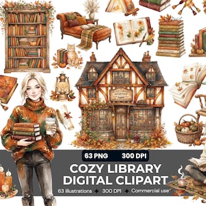 Clipart de biblioteca aconchegante, ilustração em aquarela de livraria de outono, PNG para amantes de livros, diário de recortes, adesivo para scrapbook literário, download digital