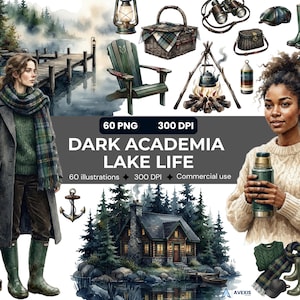 Puede incluir: Una colección digital de 60 ilustraciones PNG con temas de vida en el lago, que incluye una cabaña de madera, una fogata, una cesta de picnic, una linterna, binoculares, botas de goma verdes, una bufanda a cuadros, un ancla y dos figuras.
