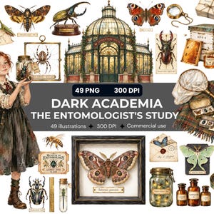Puede incluir: Una colección digital de 49 ilustraciones titulada Dark Academia The Entomologist's Study, que presenta a una persona sosteniendo un frasco, un invernadero, varios insectos, mariposas, polillas, frascos de muestras, lupa y equipo vintage.