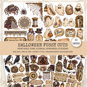 Pode incluir: Uma coleção de ilustrações digitais com tema de Halloween, incluindo aranhas, fantasmas, corvos, morcegos, relógios vintage, cartas de tarô e etiquetas decorativas com textos como Boo, Spinning Since 1801 e Madame Zola Reads Palms.
