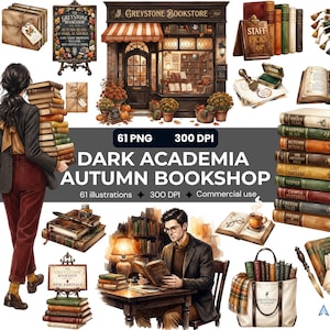 Puede incluir: Una colección digital de 61 ilustraciones Dark Academia Autumn Bookshop que incluye la fachada de una librería, pilas de libros, una persona cargando libros, una persona leyendo en un escritorio, un bolso, papelería y un globo terráqueo.