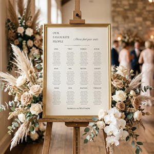 May include: A wedding seating chart in a gold frame on a wooden easel, featuring the text "OUR FAVOURITE PEOPLE" and "ISABELLA & MATTHEW". The sign is decorated with arrangements of white roses, beige roses, pampas grass, and eucalyptus leaves.
