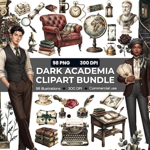 May include: A digital clipart bundle featuring 98 illustrations including a leather armchair, globe, typewriter, books, candles, a skull, and two figures in professional attire. The text reads 98 PNG 300 DPI DARK ACADEMIA CLIPART BUNDLE.