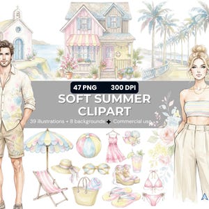 Clipart de aquarela suave de verão, moda praia em tons pastel PNG, ilustrações gráficas de litoral, pacote de papéis digitais para férias no oceano tropical