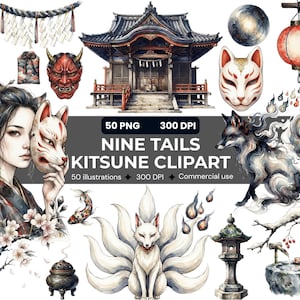 May include: A digital collection of 50 PNG illustrations featuring Japanese cultural elements including a temple, a nine-tailed fox, a person holding a fox mask, a red lantern, a stone lantern, cherry blossoms, and a demon mask with text 50 PNG 300 DPI.