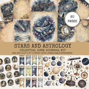 以下が含まれることがあります： Stars and Astrologyジャンクジャーナルキット。60ページの印刷可能なエフェメラ、300 DPI、21.59cm x 27.94cmサイズ。惑星、星座、月、望遠鏡、天体の水彩イラストがヴィンテージ風の紙に描かれています。