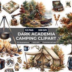Puede incluir: Una colección digital de 53 ilustraciones de camping que incluye una fogata con una olla en trípode, tiendas de campaña, una canoa, una mochila, linternas, binoculares, una brújula, un mapa, una taza, un hacha y árboles, con el texto DARK ACADEMIA CAMPING CLIPART.