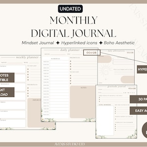Boho Monthly Digital Planner Undated iPad Tablet Floral Gratitude Journal Manifestation Notebook Habit Mood Cycle Tracker Goal Organizer