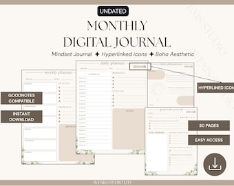 Agenda digital mensual estilo bohemio, diario GoodNotes para iPad sin fecha, cuaderno de gratitud floral, rastreador de hábitos y estado de ánimo, organizador de objetivos estéticos.