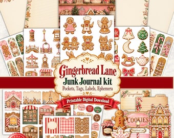 Op de afbeelding: Een Gingerbread Lane junk journal kit met printbare digitale downloadvellen met illustraties van peperkoekmannetjes, kerstkoekjes, feestelijke huisjes, zuurstokken en decoratieve labels. De collectie bevat zakjes, labels en ephemera met rode en groene accenten, allemaal met een kerstthema.