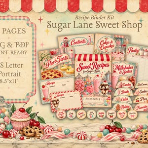 Könnte beinhalten: Ein druckbares Rezeptordner-Set mit dem Titel Sugar Lane Sweet Shop, bestehend aus 24 Seiten im A4-Format. Das Set enthält Rezeptkarten, Registerkarten und Etiketten mit Illustrationen von Süßigkeiten, Kuchen, Torten und Milchshakes in Rot- und Cremetönen.