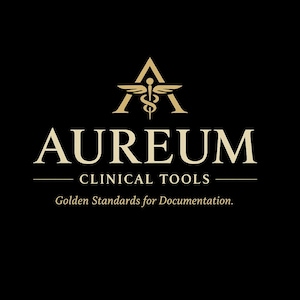 Pode incluir: Logotipo dourado sobre fundo preto. O logotipo apresenta a palavra "AUREUM" em uma fonte serifada, com "CLINICAL TOOLS" abaixo. Acima da palavra "AUREUM" está um "A" estilizado com um símbolo de caduceu. O texto "Golden Standards for Documentation" está abaixo.