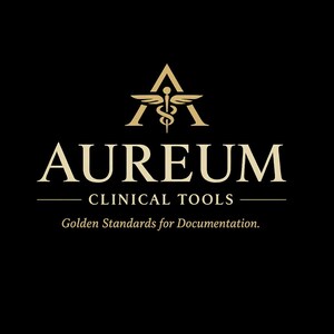 Puede incluir: Logotipo dorado sobre fondo negro. El logotipo presenta la palabra "AUREUM" en una fuente serif, con "CLINICAL TOOLS" y "Golden Standards for Documentation" debajo. Un símbolo de caduceo está encima de la palabra "AUREUM".