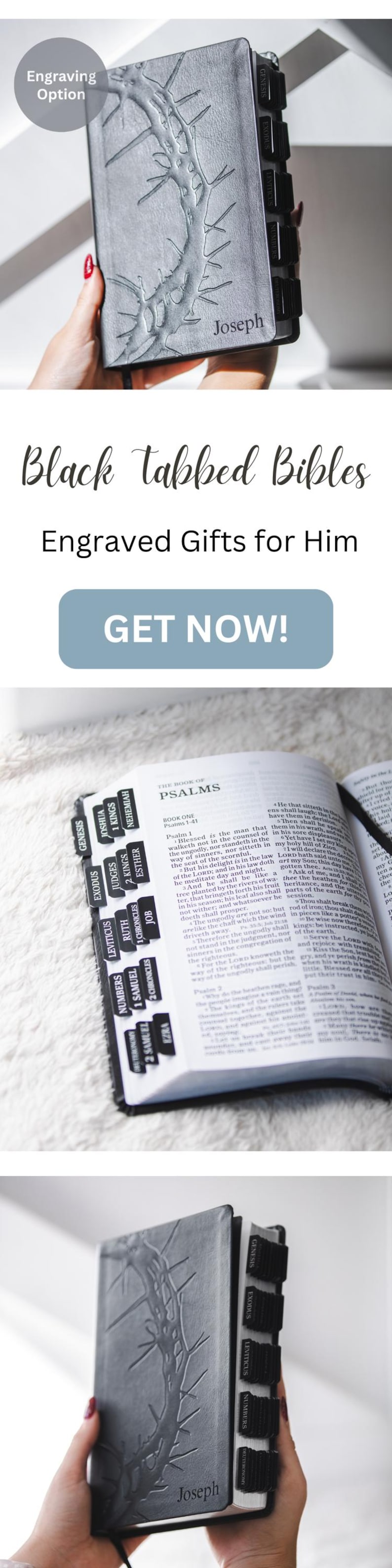 May include: A black tabbed Bible with an engraved design on the cover. The book has black tabs and the name "Joseph" is printed on the cover. The open pages show text from the Psalms.