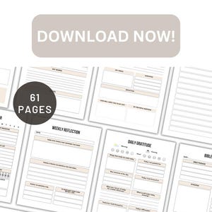 May include: A digital Bible study and prayer journal with a pink and white design. The journal includes sections for daily planning, gratitude, and reflection. The image also features the text "10 BEST Bible Study & Prayer Journals for 2025".
