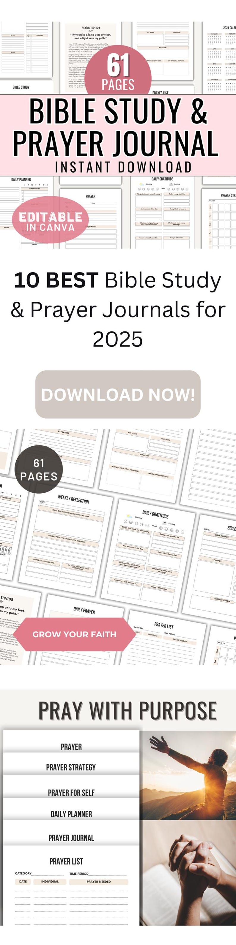 May include: A digital Bible study and prayer journal with a pink and white design. The journal includes sections for daily planning, gratitude, and reflection. The image also features the text "10 BEST Bible Study & Prayer Journals for 2025".