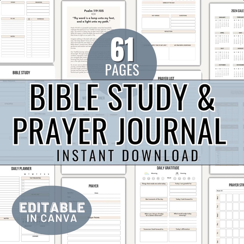 Editable Prayer Journal Printable Bible Study Planner Christian Prayer Book for Women Digital Bible Study Canva Template Prayer Book