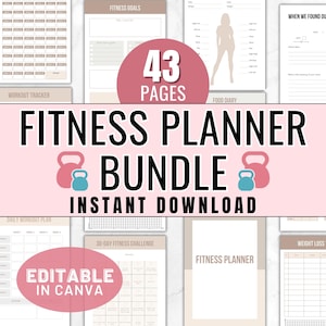 Peut inclure: Un ensemble de planificateurs de fitness de 43 pages, comprenant des suivis d'entraînement, des objectifs de fitness et un journal alimentaire. Le titre "Fitness Planner Bundle" est affiché en grandes lettres noires avec des graphiques d'haltères roses et bleus. Les mots "Instant Download" et "Editable in Canva" sont également visibles.