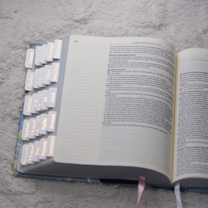 K&ouml;nnte beinhalten: Ge&ouml;ffnete Bibel mit beschrifteten Registern. Die wei&szlig;en Registerkarten tragen goldfarbene Schriftz&uuml;ge mit den Namen der Bibelb&uuml;cher. Die Seiten sind zum Buch der Klagelieder aufgeschlagen. Der Einband ist blau mit einem floralen Muster.